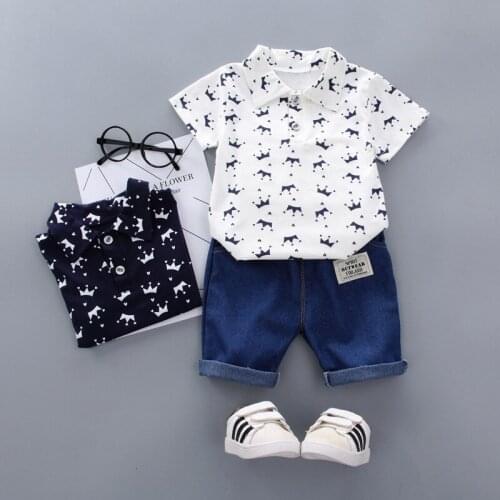 2021 Boy Clothing Set Summer Newborn Clothes Toddler Baby Boy Short Sleeve Crown Pattern Shirt Tops+ Denim Pants Set