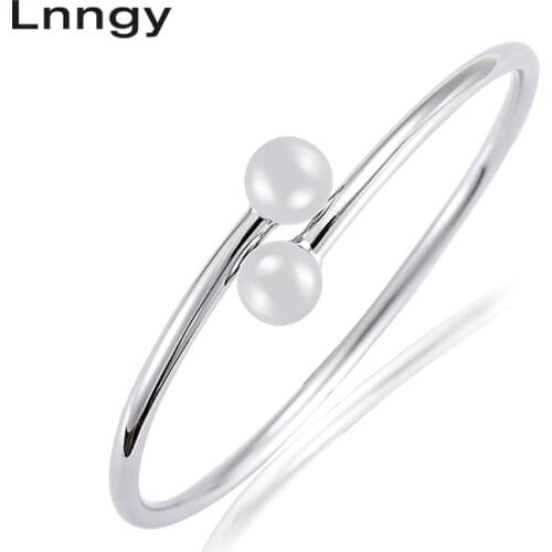 Lnngy 925 Sterling Silver Bracelet Beads Bangle Open Adjustable Women Anniversary Wedding Silver Round Ball Bangle Jewelry Gifts