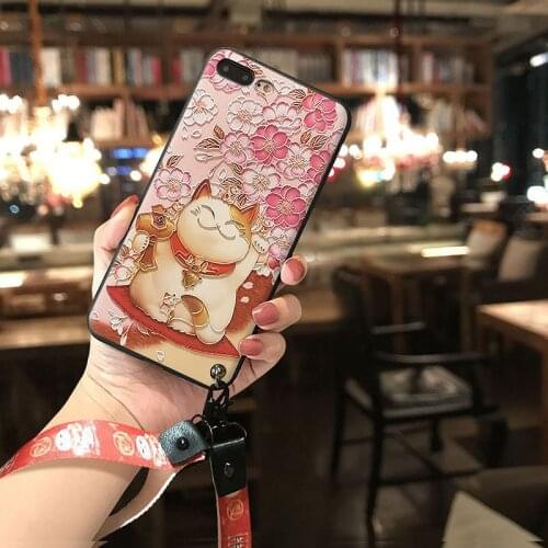 Cute Lucky Cat 3D Emboss Phone Case for Huawei P20 P30 P40 Mate 10 20 30Lite Pro Honor 8X 9 10 20 30Pro Lanyard Soft Back Covers