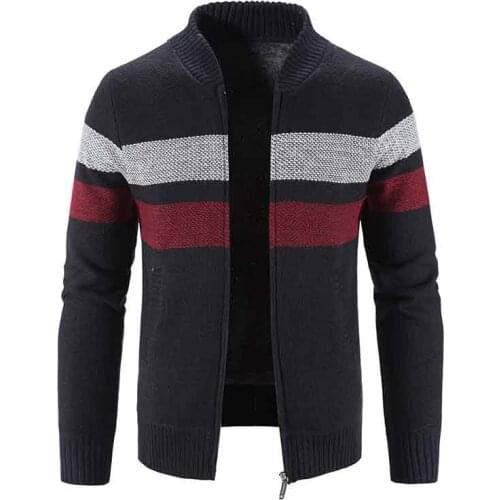 Mens fashion striped knitwear autumn/winter faux fur wool sweater coat thick warm baseball collar jacket zipper cardigan