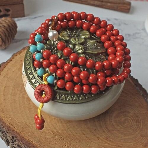 Wholesale 108 Cinnabar Bracelets in Four Circles Peaceful Ruyi Pendant Bracelet 108 Beads Rosary Bracelet
