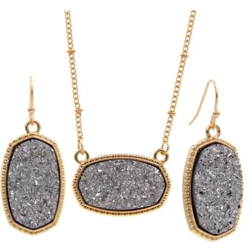 Gold Resin Oval Druzy Drusy Pendant Necklace Luxury Designer Jewelry for Women Christmas Earings Party Wedding Festival Gift
