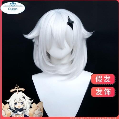 Genshin Impact Paimon Cosplay Wig White Short Heat Resistant Synthetic Hair Halloween Party Role Play + Free Wig Cap