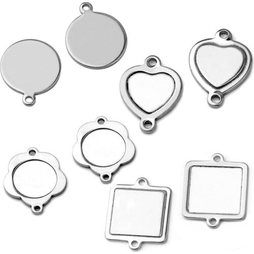 Stainless Steel Pendant Charms Connectors Square Heart Circle Bezel Cameo Cabochons Base Blanks DIY Findings NO Fade Wholesale