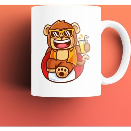 Holiday Monkey Patterned, Printed White Mug Cup, Porcelain Raw Material, Handle, Gift Product, quality Mug and Printing