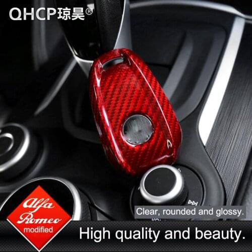 QHCP Car Key Case Cover Decorative Shell Real Carbon Fiber Key Protective Cover Trim For Alfa Romeo Giulia Stelvio Car Accessory