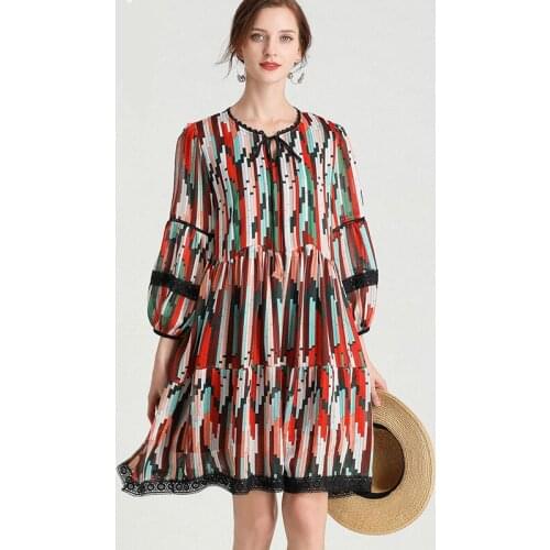 Chiffon dress 2021 spring womens clothes plus size loose slimming and fashionable lace stitching bohemian printed dress
