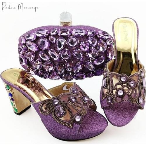 Nigerian Lastest Italian Design Purple Colorful Rhinestone Style Party Wedding Women Shoes and Bag Set in L.Purple Color