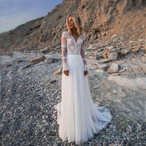 Vestido de noiva 2020 Vintage V-neck Applique Lace Sheer Back Pearls Sashes A-line Long Sleeve Wedding Dress For Bride