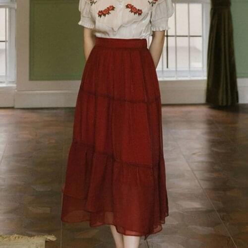 French Vintage Midi Skirt Women High-waiste Red Korean Fashion Elegant Skirt Casual Romantic Bohemian Beach Summer Clothing 2021