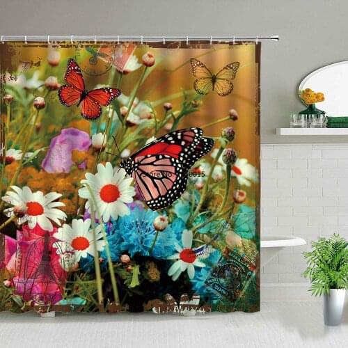 Butterfly Tulip Rose Sunflower Flower Shower Curtain Spring Scenery Floral Plant White Yellow Red Pink Print Bathroom Curtains