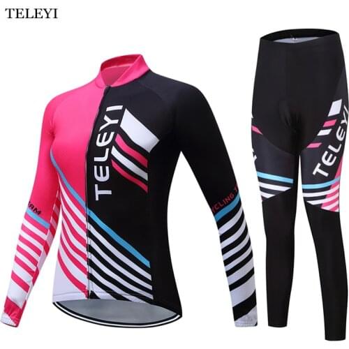 TELEYI Team Womens Pro Outdoor Ropa Ciclismo Clothing Set MTB Bike Bicycle Cycling Long Sleeve Jersey Bib Pants Suit Size S-4XL