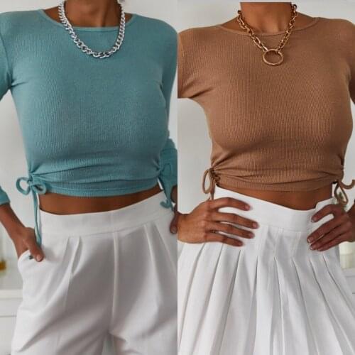 2020 Autumn Winter Women Mint Green Tie Sides Crop Top Short Cotton Soft Sexy Blouse Casual Style Black Beige Burgundy Green