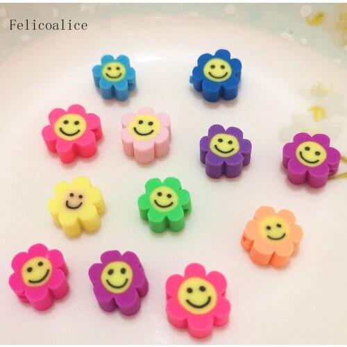 100pcs 10mm Smiley Face Flower Flat Back Polymer Clay Shape Spacer Beads For DIY Handmade Jewelry Craft Accessories