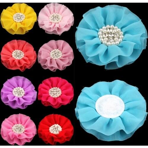 120pcs/lot 4" 15colors Hair Clips Big Chiffon Flower+Rhinestone Pearl Button For Hair Accessories Fabric Flowers For Headbands