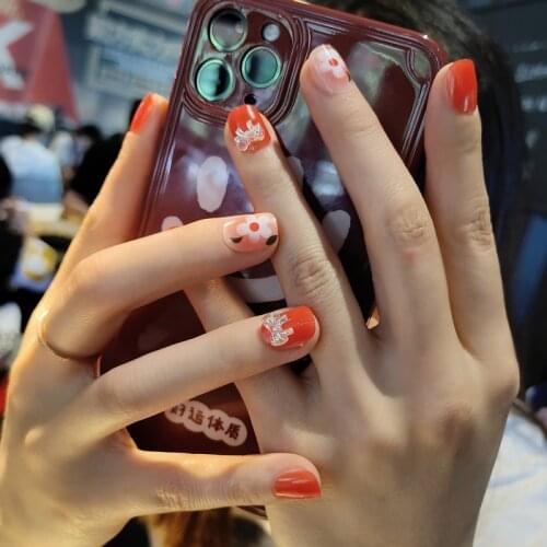 24Pcs/Set Professional Fake Nails Flower Printed 3D Bow Glue Type Short Paragraph Fashion Removable Manicure Artificial Nails