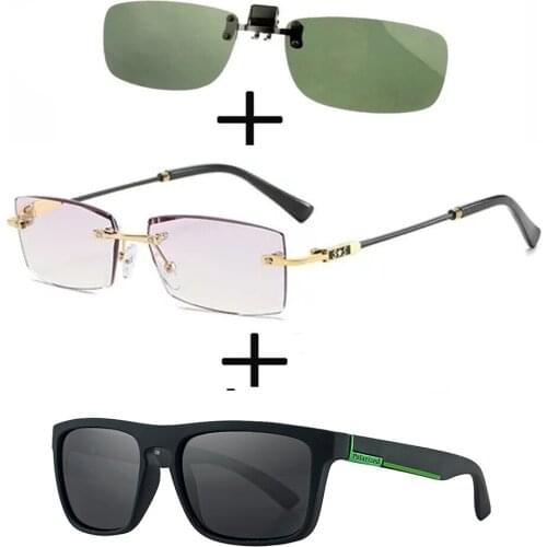 3Pcs!!! Rimless Frameless Luxury Reading Glasses for Men Women + Polarized Sunglasses Squared + Sunglasses Clip