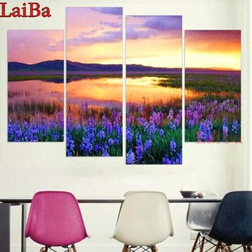 4pcs Lavender field, sunset river landscape Diamond Painting Rhinestone Full Square Round 5D DIY Diamond Embroidery mosaic art