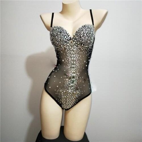 Sparkly Rhinestones Sexy Perspective Bodysuit Black Skin Color Mesh Backless Jumpsuits Bar Singer Costume Dancer Outfits DT356
