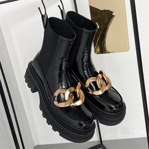 PXELENA Celebrity Metal Chain Genuine Leather Chelsea Ankle Boots Women Shoes 2021 Fall Spring Med Heels Motorcycle Biker Boots