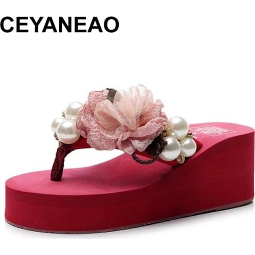 CEYANEAOnew 2021Summer Women Slippers Womens Outdoor Flip Flops Sweet Flower Pearls Wedge Beach Shoes Holiday Slides Shoes woman