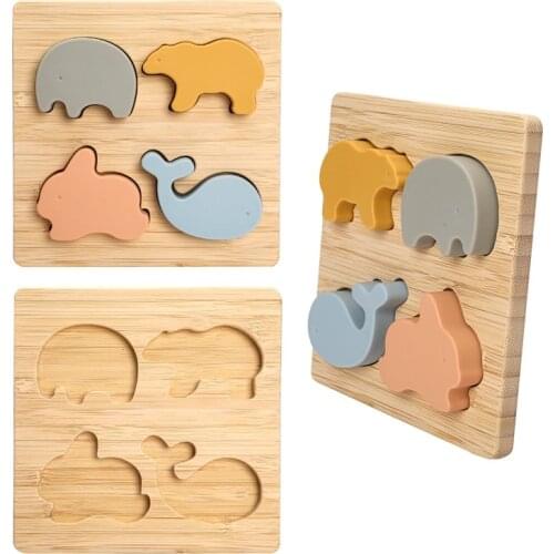 Baby Wooden Montessori Puzzle Sorting Food Grade Silicone Geometric Shape Animal Bricks Preschool Learning Toys Educational Game