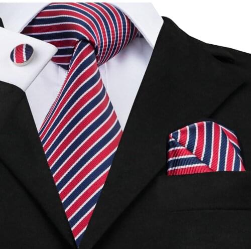Mens Tie Red Navy Stripes 2017 New Silk Fabric Ties for Men Necktie Hanky Cufflink Set Fashion Business C-512