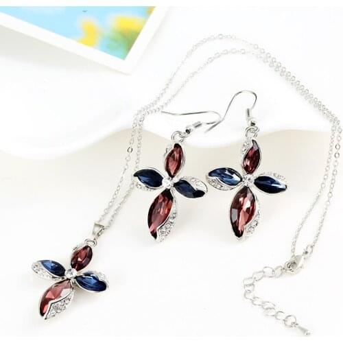 Exquisite Silver Bridal Jewelry Sets Cross Pendant Austrian Crystal Necklaces Drop Earrings Wedding Accessory