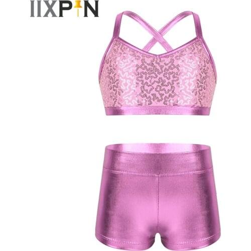 Kids Sports Fitness Gym Workout Tankini Outfit Girls Ballet Dance Gymnastics Clothes Shiny Sequins Tank Bra Tops With Shorts Set
