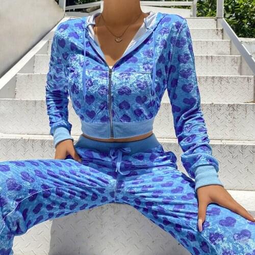 2021 Women Velvet Y2K Print Hooded Long-Sleeved Zipper Pocket Tight-Fitting Cropped Short Jacket High Waist Trousers Sports Suit