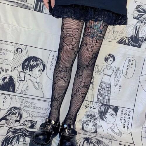 Summer Cartoon Figure Womens Tights Cute Bear Pattern Sexy Fishnets Nylon Mesh Hollow-Out Pantyhose Lolita Hottie Punk Hosiery
