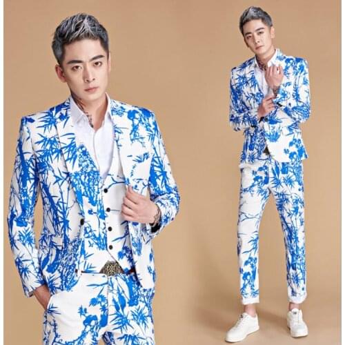 Chorus blue bamboo printing wedding suits men blazer boys prom mariage suits fashion slim masculino latest coat designs stage