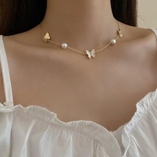 Freshwater Pearls Necklace for Women New Adjustable Butterfly Pendant Necklace Female Clavicle Chain Trendy Choker Sweet Jewelry