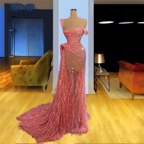 Sexy Pink Feather Prom Dresses Long Beading Saudi Arabia Party Gowns 2020 New Custom Evening Wear Formal Dubai Dress Robes