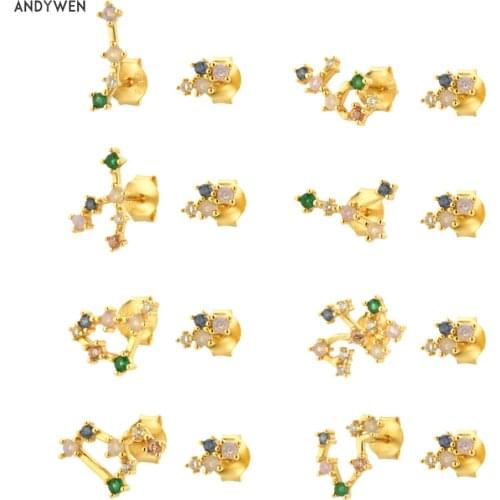 ANDYWEN 925 Sterling Silver Gold Pisces Gemini Zodiacs Stud Earring Aries Piercing Pendiente Women Colorful Spring Jewelry
