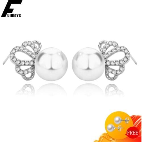 BaliJelry Pearl Earrings Silver 925 Jewelry Crown Shape Zircon Gemstones Stud Earring for Women Wedding Engagement Accessories