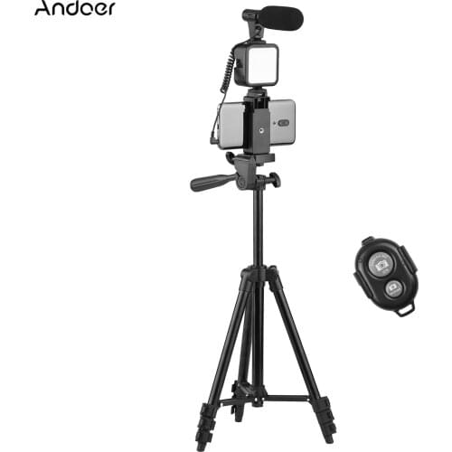 Andoer Phone Vlog Tripod Kit with Height Phone Holder Cold Shoe Microphone LED Video Light Remote Shutter for Phone Camera Video