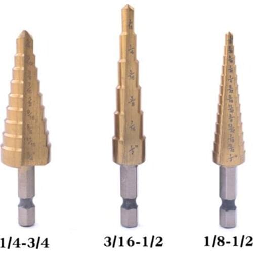 3Pcs Titanium Plated Hexagon Shank Step Drill Bit Reaming Tool Set Inch Pagoda Drill Bit Cone Taper Hex Shank StainlessTool