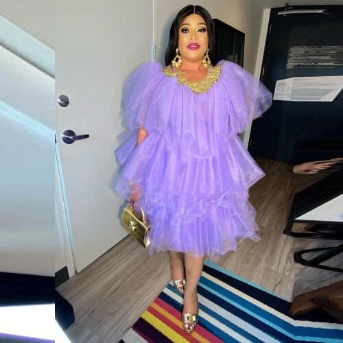 Light Purple Puffy Tulle Dress For Women Appliques Half Sleeves Tiered Plus Size Tulle Dress Birthday Robes For Photo Shoot