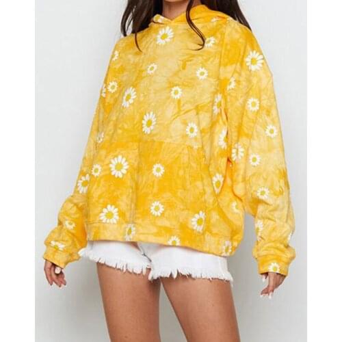 New Women Hoodies Autumn Warm Tie Dyed Casual Loose Sweatshirt Elegant Long Sleeve Chrysanthemum Print Pullover Top