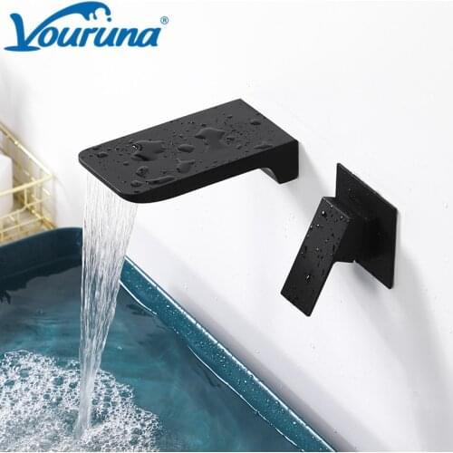 Vouruna Brushed Gold Waterfall Wall Mount Bathroom Faucet Cascade Black Basin Sink Mixer Tap Chrome Vessel Wall Basin Spout Set