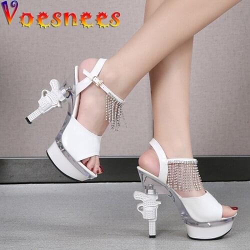 Summer Sansals Women Shoes 14cm High Heels Diamonds Wedding Shoes Bride Transparent Heels Sandals Women Sexy Strange Style Heel