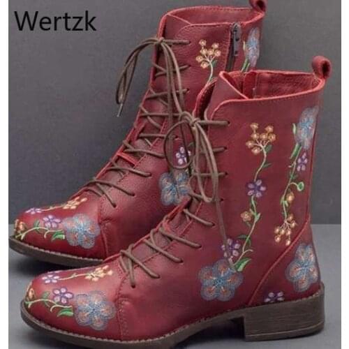 Womens Ethnic Long Tube Boots Handmade Embroidery Winter Mid-Calf Riding Boot Lady Retro Rome Style Low Heel Leather Shoes New