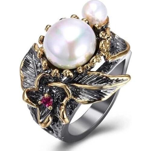 Trendy Vintage Imitation Pearl Rings For Women Fashion Anniversary Party Jewelry Accessories Gift Bohemian Statement Flower Ring