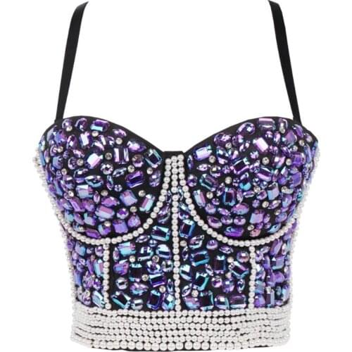 Y166 Womens Colorful Rhinestone Push Up Bra Bustier Imitation Pearl Beaded Underwire Camisole Sexy Punk Party Clubwear Corset