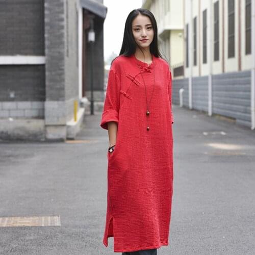 Chinese Style Robe for Women Plus Size Long Dresses Loose Clothes Robe Vestido Retro Oblique Button Two Layer Cotton Linen Dress