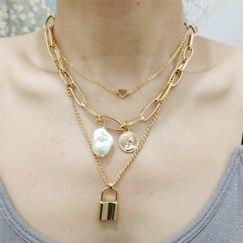 NXN5004 Retro versatile baroque pearl necklace womens multi-layer lock love necklace clavicle chain