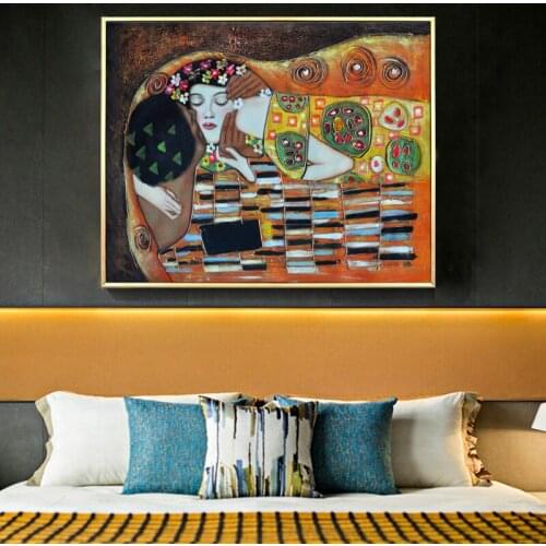 Famous Painting Posters Prints on Canvas Wall Art Canvas Painting Gustav Klimt Kiss Picture on the Wall Room Decoration No Frame