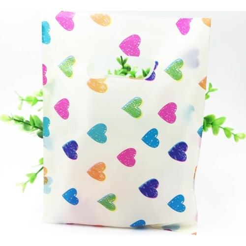 15*20cm Colourful Heart Small Plastic Gift Packaging Hot Yellow Plastic Bags With Handle Jewelry Packaging Wedding Gift 100pcs