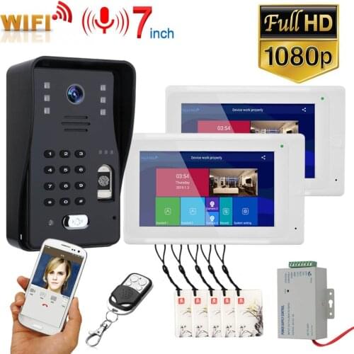 2 Monitors 7 inch Wifi Wireless Video Door Phone Intercom System with Wired Fingerprint RFID AHD1080P Door Access Control System